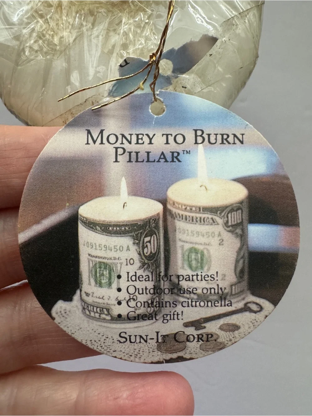Vintage 1996 Sun-It Corp Money Talks $100 Bill Citronella Pillar Candle 3.5” NOS